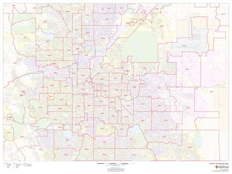 Denver, Colorado Zip Codes - 48" x 36" Laminated Wall Map